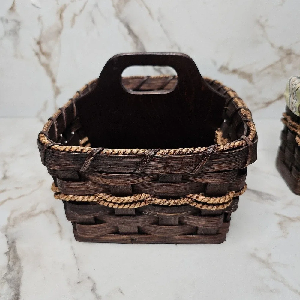 Handcrafted Brown Woven Wood Caddy & Lined Basket Set‎ Organization Cottagecore